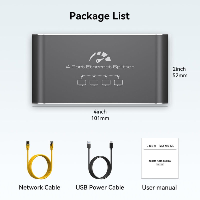 Ethernet Splitter 1 to 4 1000Mbps High Speed Internet Splitter, Gigabit Network Splitter with an Ethernet Cable and a USB Power Cable, 1 in 4 Out LAN RJ45 Splitter Work with Cat 6/7/8 Cable