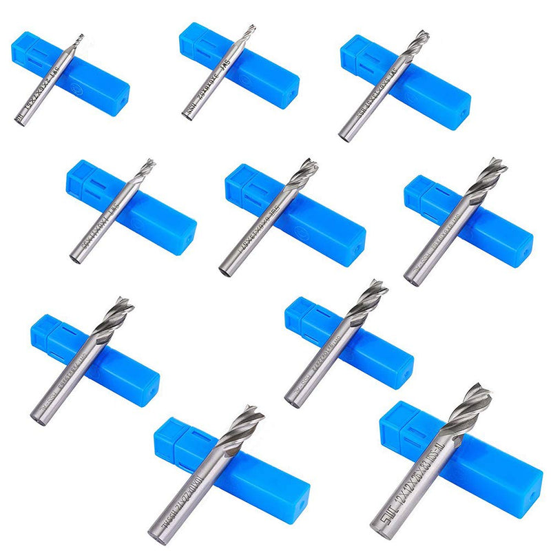 Afunta Drill Bits/End Mill with 4 Flutes 2-12mm (0.08-0.47") High Speed Steel Straight Shank Tool Set for Wood Aluminum Steel Titanium CNC Milling 10pcs