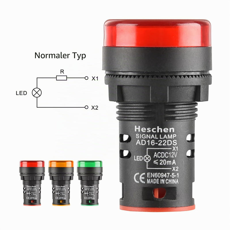Heschen 22mm LED Indicator Light AD16-22D/S 12V DC 20mA Red/Green/Yellow Light Color (Pack of 3)