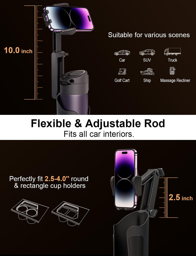 2-in-1 Cup Holder Phone Holder for Your Car Bottle Friendly Cup Cell Phone Holder Mount for Car Height Adjustable Sturdy Fit 4-7 inches Phones Black