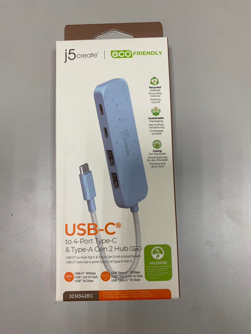j5create 4-in-1 USB-C to 4-Port Type-A & Type-C Hub(Eco-Friendly), 10 Gbps USB-A x 2 & 10 Gbps USB-C x 2, Compatible with MacBook Pro, MacBook Air, iPad, Mac mini, Cyan/Blue (JCH342EC) Fresh Cyan