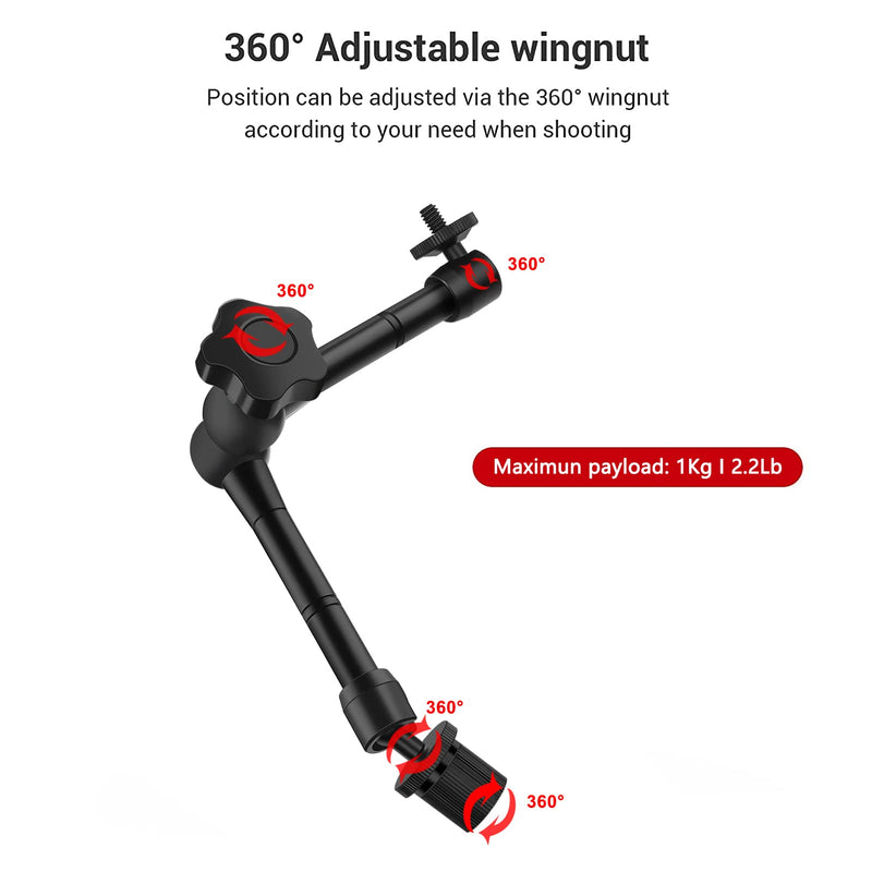 Camera Desk Mount Stand, 11 Inch Magic Arm with 1/4" Screw Thread, 15.5-25.5 Inch Tabletop Clamp Mount Stand for DSLR Camera Rig/Ring Light/Self Broadcasting/Live Streaming/Online Working Black