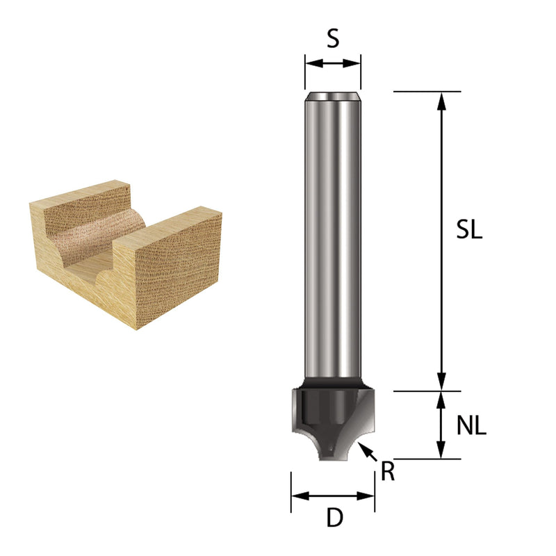 ENT 12760 quarter bar cutter HW, shank (S) 8 mm, diameter (D) 19 mm, NL 11 mm, R 4 mm, SL 32 mm R=4 / D=19 / NL=11