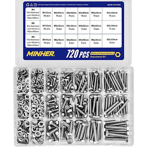 MINHER 720PCS M4 M5 M6 Bolts and Nuts Assortment Kit 304 Stainless Steel(18-8) Hex Screws Nuts & Washers, Includes 15 regular sizes M4, M5, M6 (720PCS)