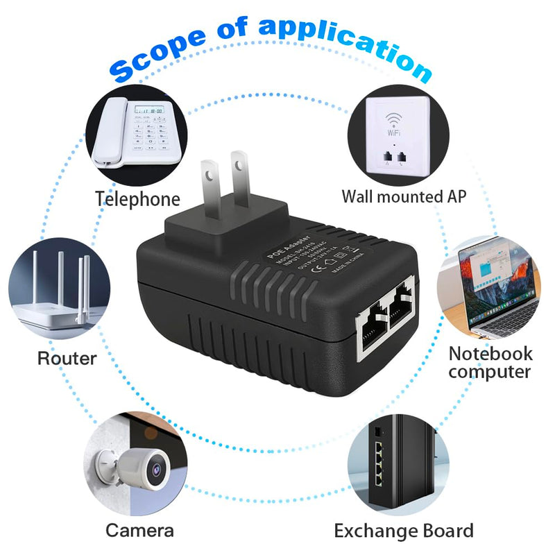 POE Injector 24V 1A 24W with Wall Plug IEEE 802.3af Compliant 10/100Mbps, 2 Ports Passive Power Up to 100 Meters (325 Feet) Over Ethernet Power Supply for IP Cameras Mobile WLAN AP