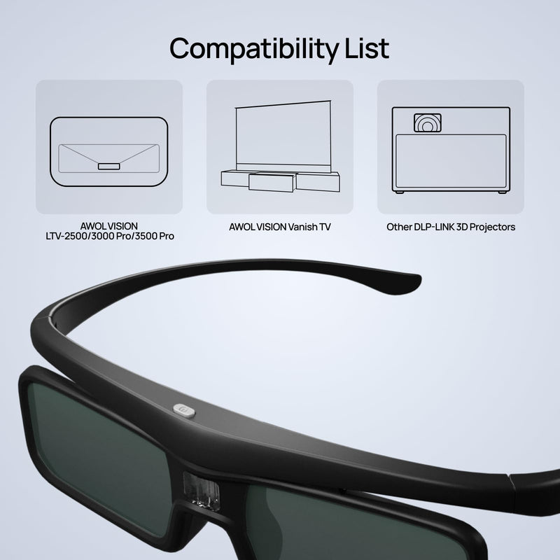 AWOL VISION DLP Link 3D Glasses, Rechargeable Active Shutter Eyewear Compatible with AWOL VISION LTV-3000 Pro and LTV-3500 Pro, Vanish TV & Other DLP-Link 3D projectors (2 Packs) 2 Packs