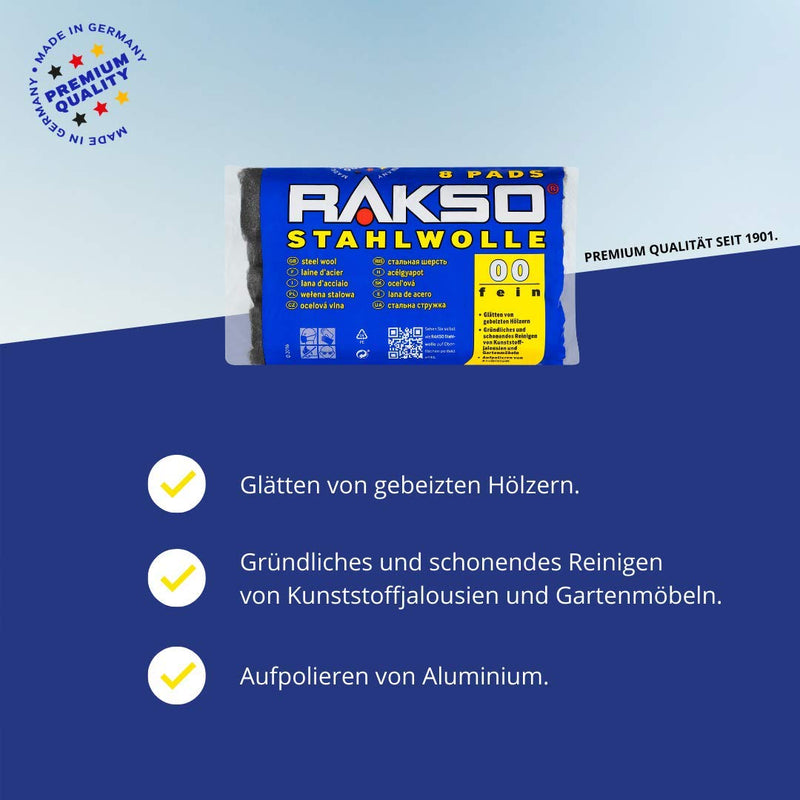 RAKSO steel wool fine 00-8 pads, smoothes wood, cleaning plastic blinds, garden furniture, polishing aluminum individual items