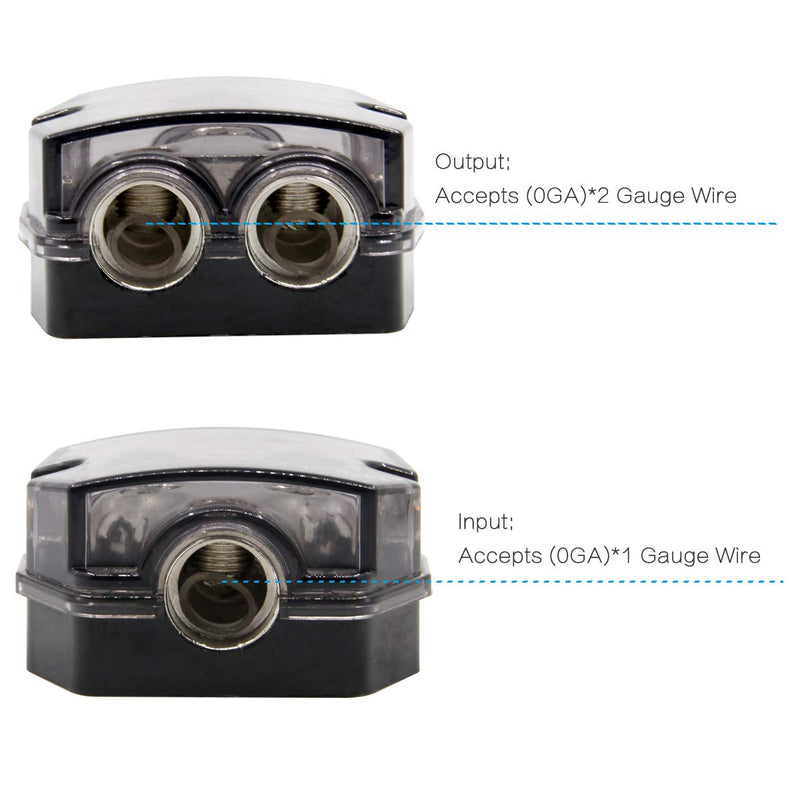 2 Way Power Distribution Block, 0/2/4 AWG Gauge in, 0/4/8/10 Gauge Out, Car Audio Stereo Amp Distribution Connecting Block for Audio Splitter (1x0GA+2x0GA) 1x0GA+2x0GA