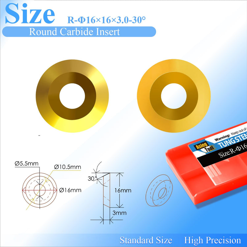 Asieg Tool Ci0 16mm Round TIN Carbide Inserts Cutters Knifes Titanium plating Indexable Replacement with Screws Fits For Full Pro Size DIY Wood Turning Finisher Hollower Tools Woodworking Lathe 10pcs Titanium Coating