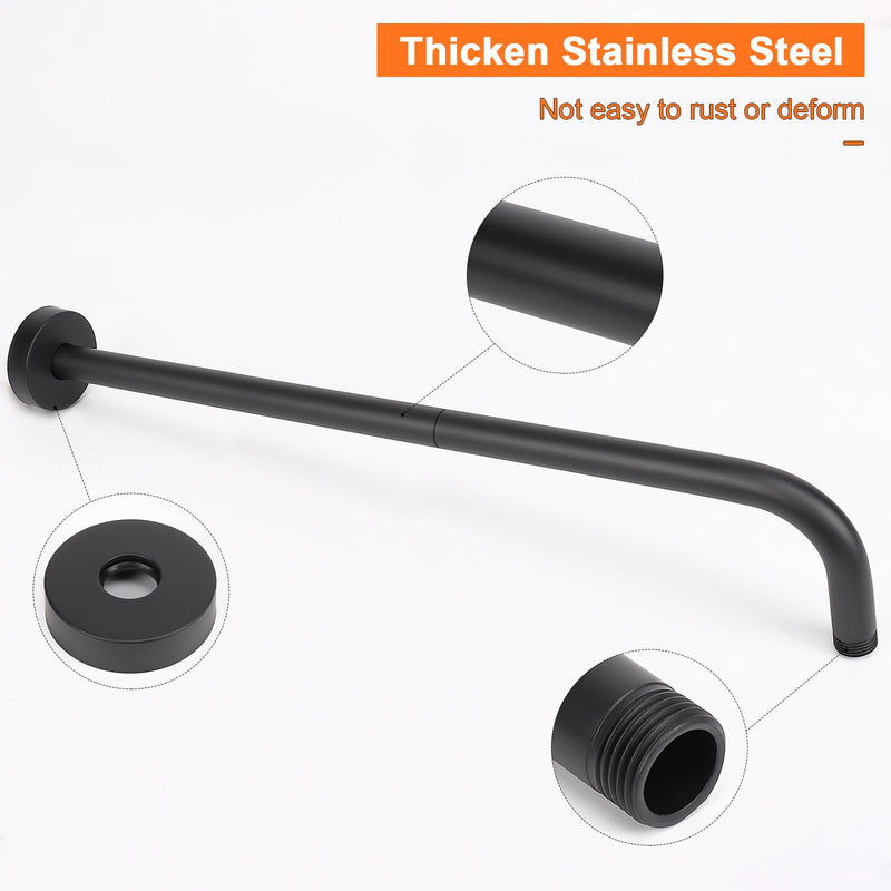 Shower Arm with Flange and Teflon Tape, Wall Mounted Shower Pipe 304 Stainless Steel Extension Arm for Fixed Shower Head & Handheld (20 Inch, Matte Black) 20 Inch