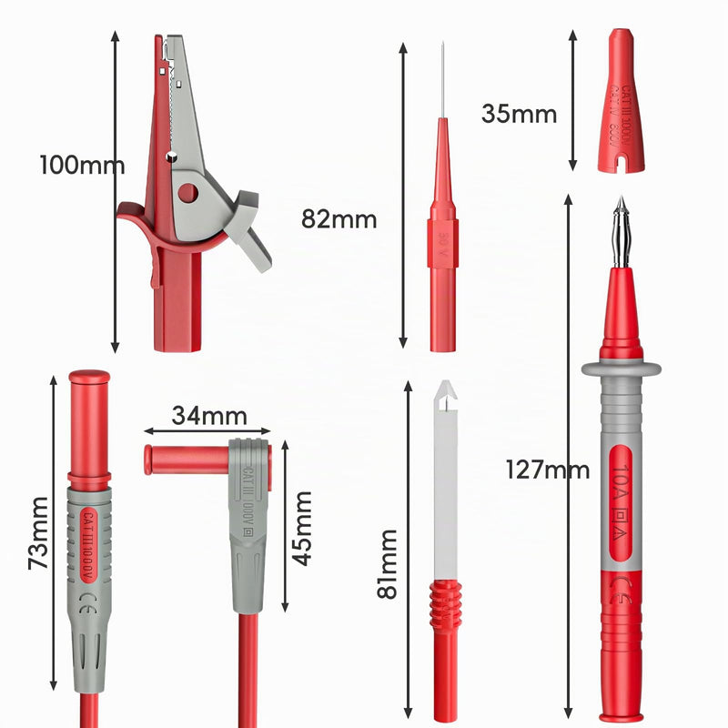 Multimeter Test Leads Kit 10 Pieces Test Cable Probes | 4 mm banana plug, with crocodile clips, wire piercing probes, for electrical testing, 1000 V 10 A