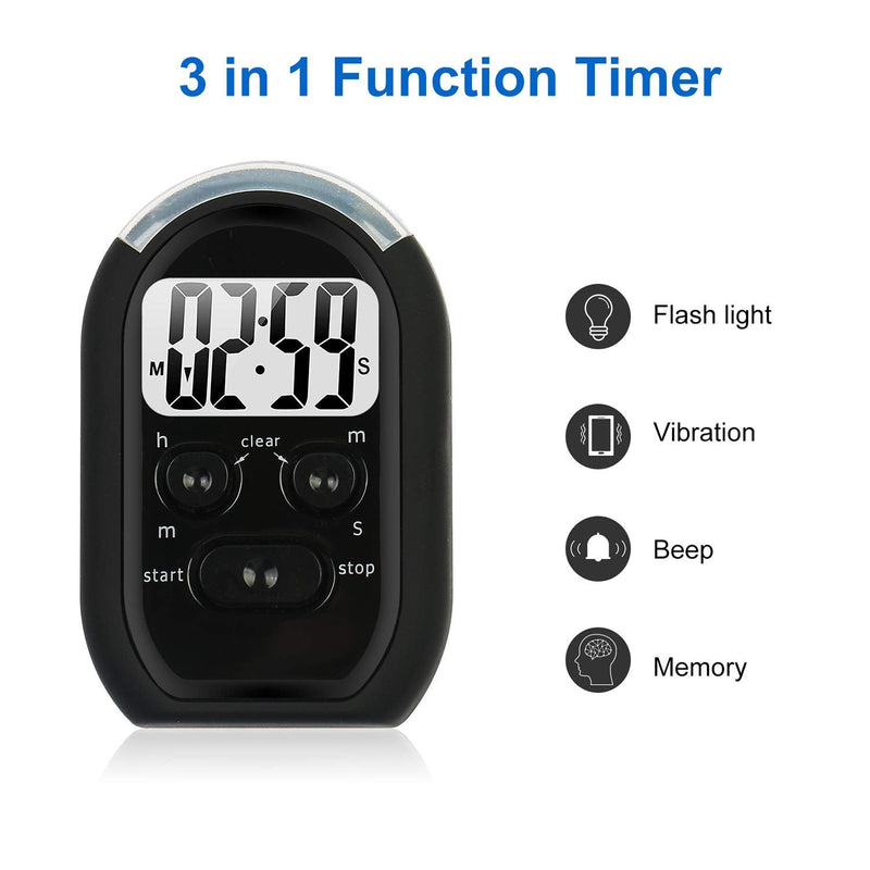3 in 1 Kitchen Timer with Vibration, Flasher and Beeper for Cooking, Baking, Sports, Games, Yoga, Study, Meditation, Office 2.8X2.0 Black