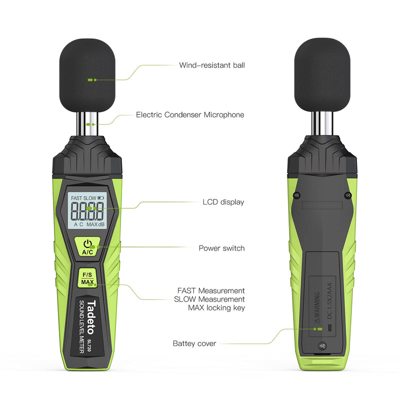 Sound Level Meter, Tadeto Digital Portable Sound Level Meter 30dB to 130dB with LCD Display A/C Weighted for Home Workshops, Green
