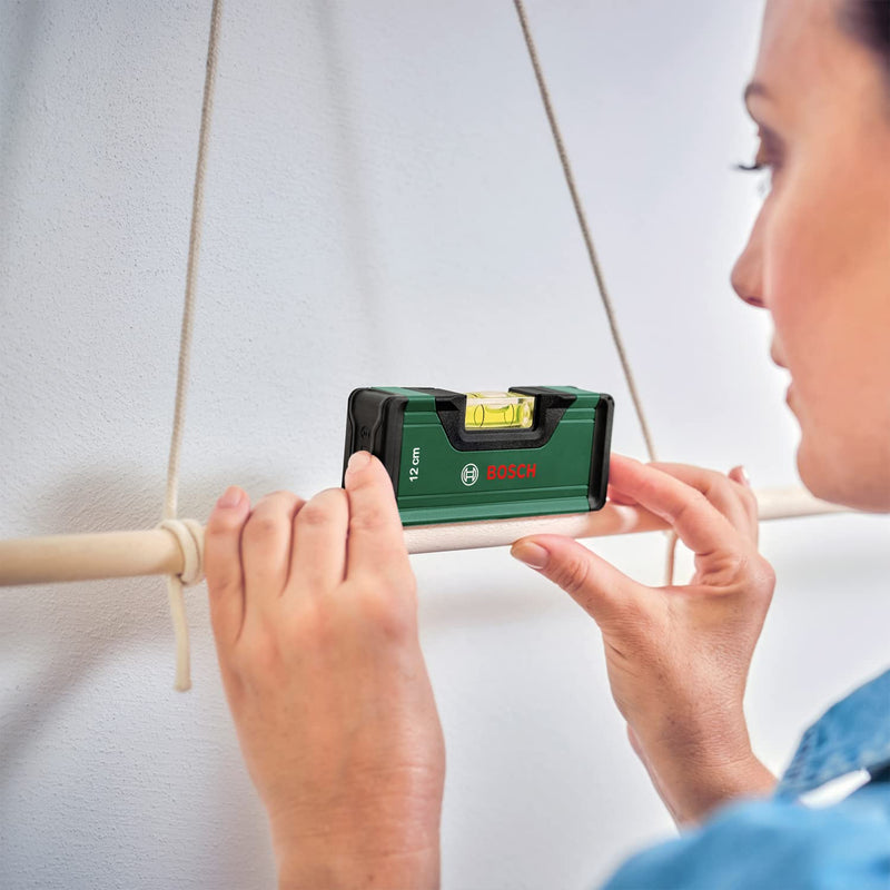 Bosch Home and Garden Bosch spirit level 12cm (compact mini spirit level; precise alignment with fluorescent level for horizontal reading; aluminum housing; soft grip bumper; V-groove), green