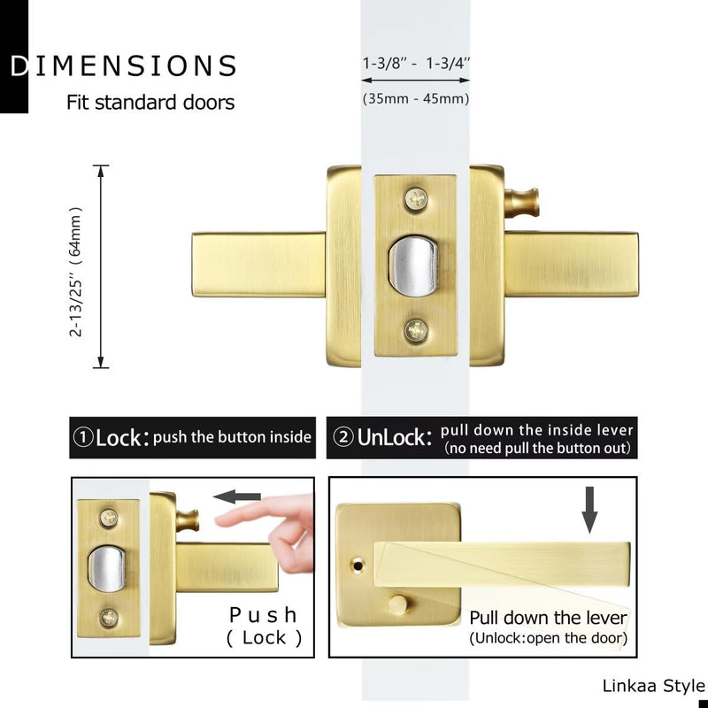 Linkaa Gold Satin Brass Door Handle Levers with Lock Privacy, Keyless Square Door Lever Lock Interior for Bedroom Bathroom (1 Pack, Privacy,Push Button Lock) Privacy(push button lock) 1