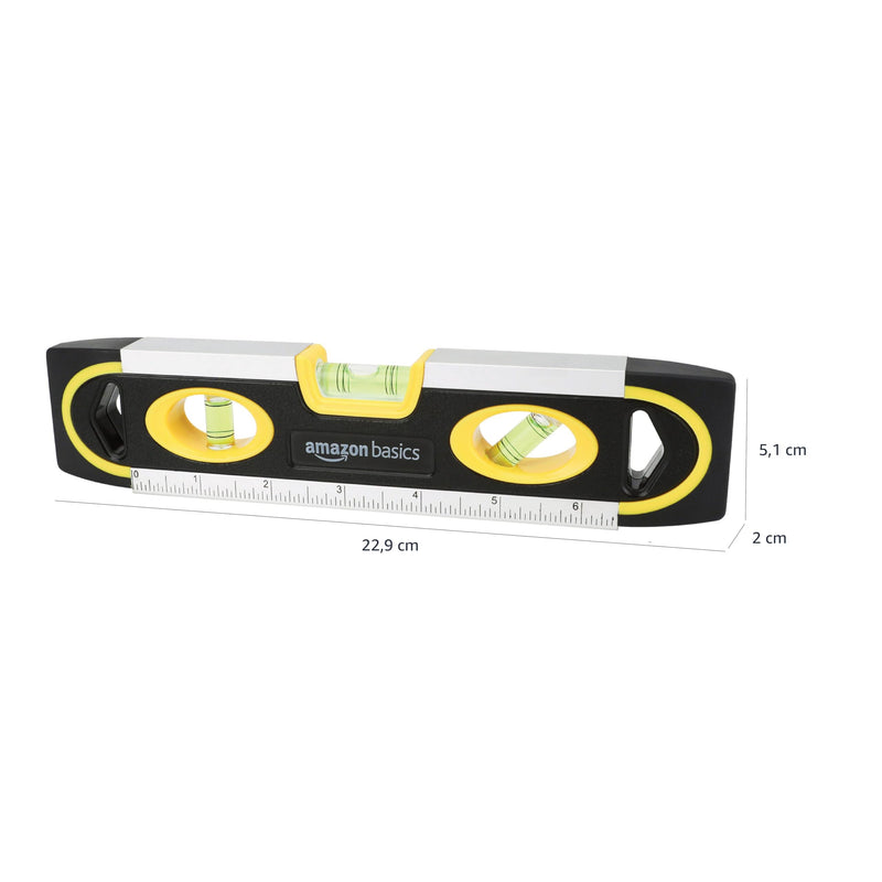 Amazon Basics Magnetic Torpedo Spirit Level and Ruler Spirit Level Solder / Spirit Level / 180-90-45 Degree Bubbles 22.8 cm (9 inches), Black, Yellow