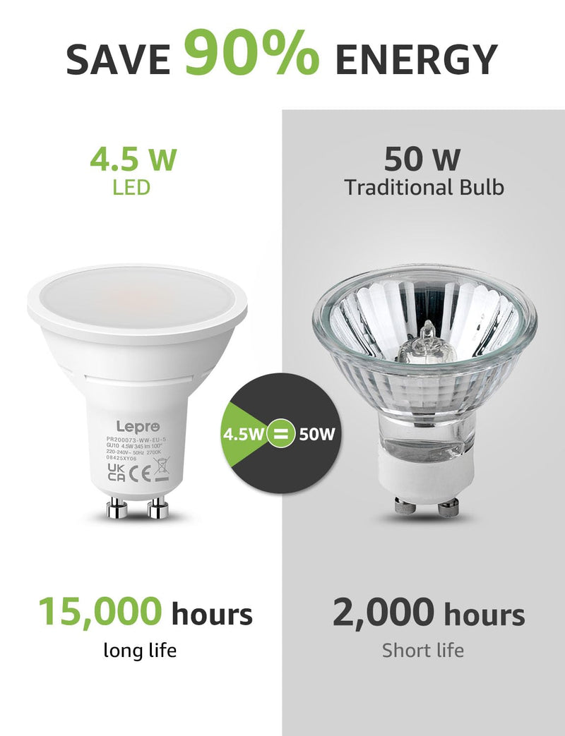 Lepro GU10 LED Warm White Bulbs, 4.5 W, 345 lm, Not Dimmable, Pack of 5 | 100° beam angle, 2700 K warm white, flicker-free, energy-saving LED bulb for living room, kitchen, office