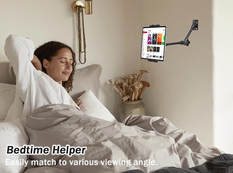 Adjustable Wall Tablet Holder, Tablet Swivel Arm Wall Mount, Drill Base Metal iPad Stand for Kitchen/Bed Room/Counter for 4-12.9" Tablets & Phones, iPad Pro Air Mini, Galaxy Tab, Switch, iPhone Level 2 Long Arm