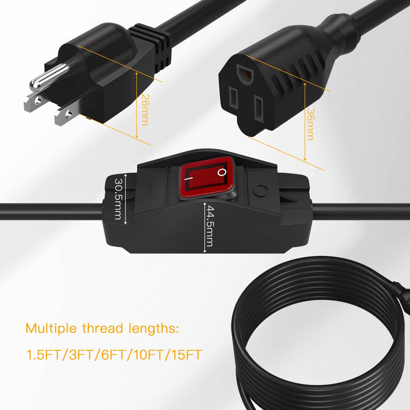 STARELO Extension Cord with ON/Off Near Waterproof Switch,Extension Cord with Switch 3-Prong Outdoor 1875W,Black Heavy Duty, 14/3 SJTW 15A 125V Grounded Plug Receptacle.(10FT,Black) 10FT