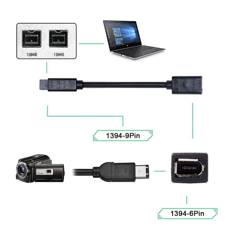 cablecc IEEE 1394 6Pin Female to 1394b 9Pin Male Firewire 400 to 800 Cable 20cm 9pin Male to 6Pin Female