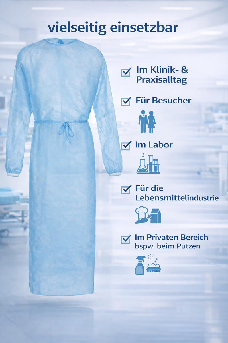 Pack of 10 Disposable Visitor Gowns Blue - Protective Gown, Surgical Gown, Hospital Gown, Patient Coat, Protective Gown, Disposable for Practice, Care & Food Sector 10 pieces