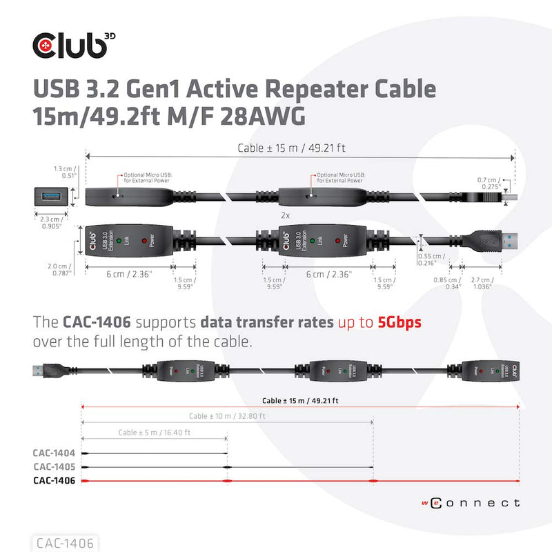 Club 3D CAC-1406 USB 3.2 Gen1 Active Repeater Cable 15m / 49.2ft M/F 28AWG