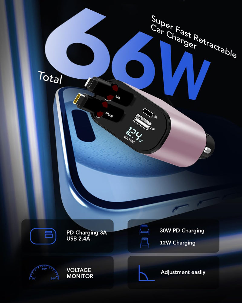 Retractable Car Charger, 4 in 1 Fast Car Phone Charger 66W, 2 Retractable Cables and USB Car Charger, USB C Car Charger for iPhone 15/14/13/12/11, Galaxy, Pixel Type C+Lightning (Pink)