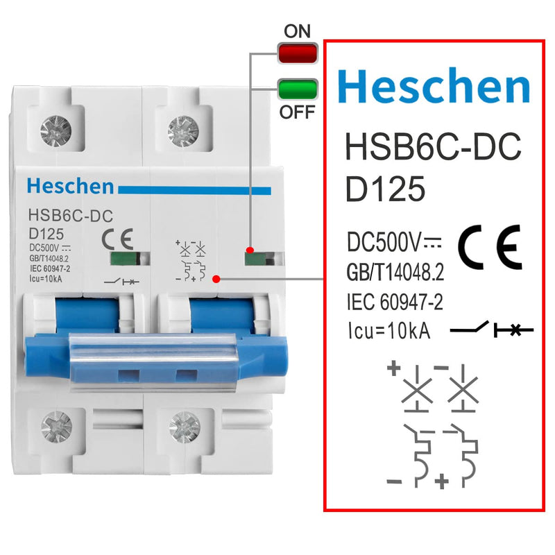 Heschen DC Miniature Circuit Breaker HSB6C-DC 2 Pin DC500V 125A Photovoltaic Circuit Breaker for Solar PV System Solar Cell Grid System 35mm DIN Rail Mounting
