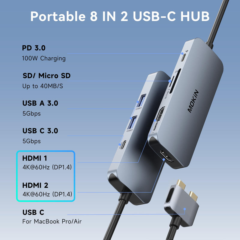 Docking Station for MacBook Pro Air,USB C Docking Station Dual Monitor,Dual HDMI Adapter Hub for Mac MacBook Pro with 2 HDMI(4K @60Hz), 3 USB3.0,SD TF Card Reader and 100W PD USB C Port 8 IN 2
