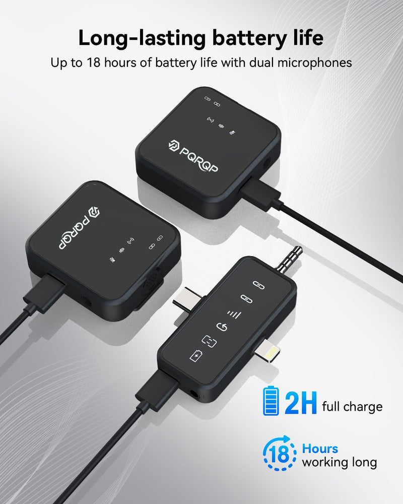PQRQP 3 in 1 Microphone for iPhone/Android/Camera, Wireless Microphones, 328ft Transmission, 18H Battery Life, Mini Microphone for Record Interview, Vlogs, YouTube, Tiktok Ebony Black