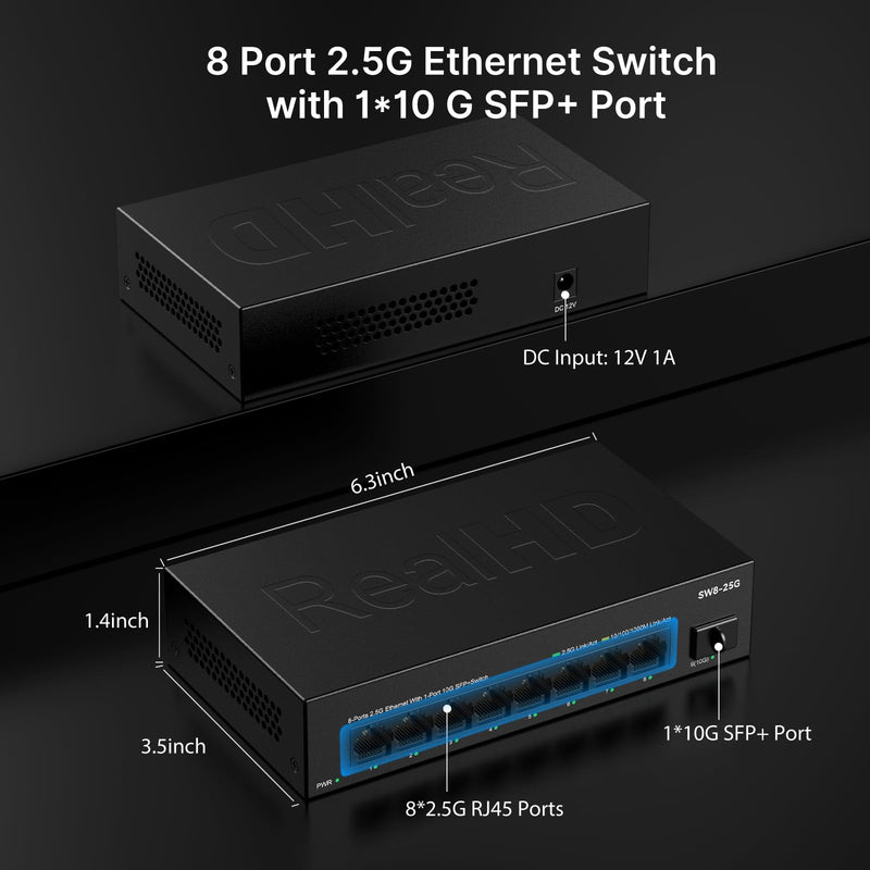 Real HD 8 Port 2.5G Ethernet Switch Unmanaged Network Switch with 8 x 2.5 Gigabit | 1 x 10G SFP+ | Work with 10-100-1000Mbps Devices | 60G Bandwidth | Plug & Play | Fanless Quiet Metal Internet Switch 8 port 2.5G ethernet switch without PoE
