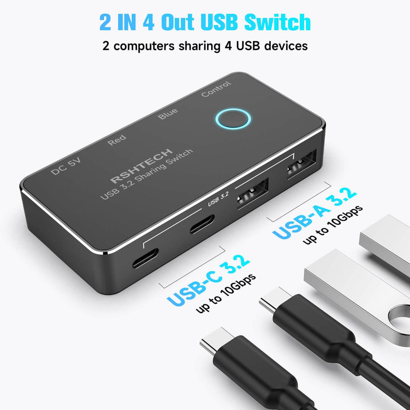 RSHTECH USB 3.2/USB C Switch 10Gbps 2 Computers Share 4 USB 3.2 Ports(2 USB-A+2 USB-C), USB Switcher Selector with 2 Cables and Controller for PC Laptop Keyboard Mouse USB 3.2 Switch