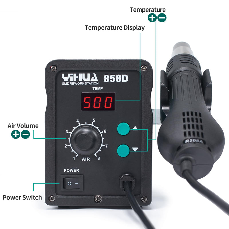 YIHUA 858D hot air soldering station desoldering station 700W for SMD soldering and desoldering with adjustable temperature and air volume, PID temperature control, auto start/stop function, hot air nozzles (EU PLUG)