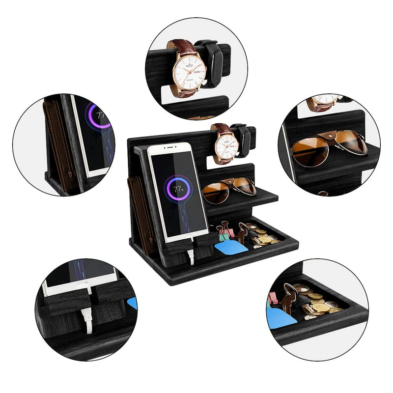 Gifts for Men Bedside Organiser Wood Phone Docking Station Dad Birthday Gifts for Him Nightstand Key Wallet Watch Stand Mens Gifts for Xmas Presents for Dad Husband Boyfriend Anniversary & Christmas Deep Black-1