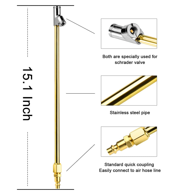 2-Way Connection 13.8" Extended Air Chuck Set, 1/4 in FNPT Straight Foot Dual Head Tire Inflate Chuck with Standard Brass Quick Plug, Tire Air Compressor Fill Kit for Truck RV Dually Tires