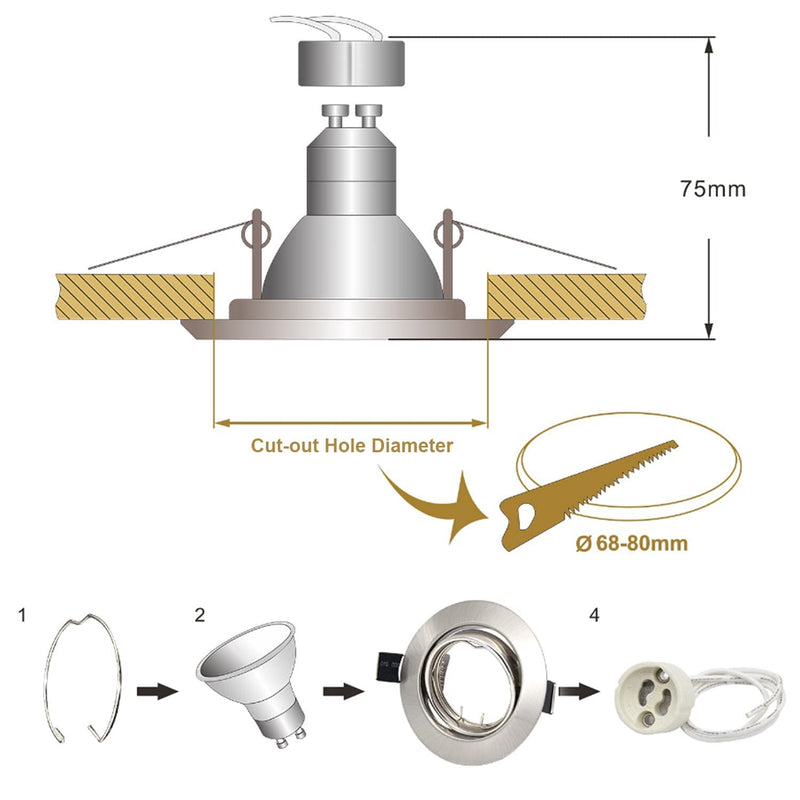 Wondlumi Set of 6 LED recessed spotlight frames GU10 swiveling round 230V brushed stainless steel recessed frame ceiling lamp recessed spots including socket for GU10 LED/halogen 6 pieces round