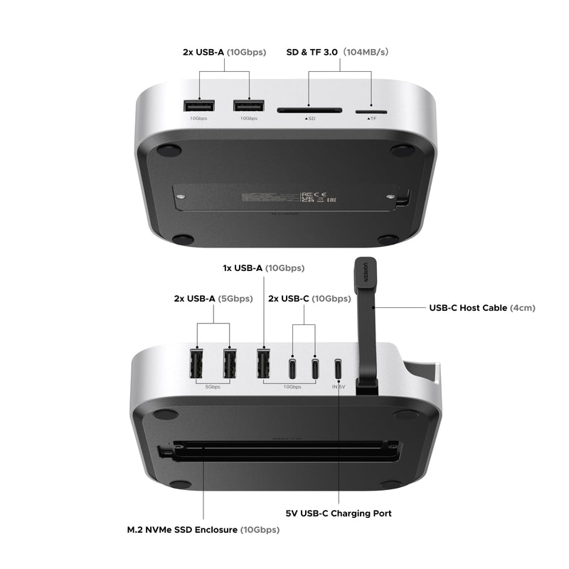 UGREEN Dock & Stand for Mac mini M4/ M4 Pro with NVMe SSD Enclosure, 3 USB A 10Gbps, USB C Data Port, SD Card Reader, Silver