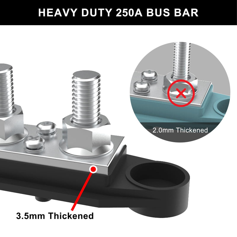Upgraded Bus Bar 250A 12V Power Distribution Block with 3/8" (M10) 4-Posts Terminals Block with Cover for Automotive, Marine, Battery System (Black) 3/8" - Black