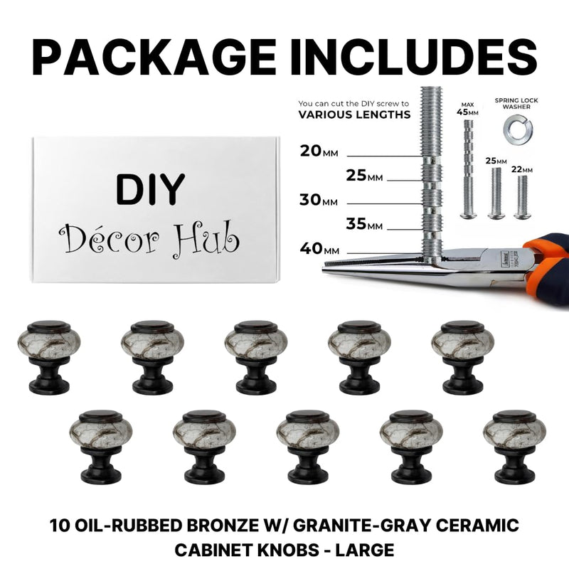 10 pcs Oil Rubbed Bronze Cabinet Knobs with Granite Gray Ceramic Accent for Cabinets, Drawers, Dressers, Vanities, Closets 10 1.5 inch Diameter