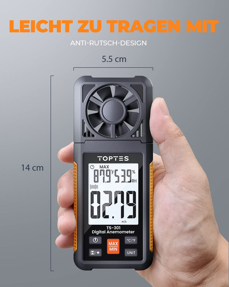 TopTes TS-301 Digital Anemometer with 2.26 Inch LCD Screen Anemometer Handheld Backlight Wind Speed Meter Gauge, Precise Wind Speed Measurement for HVAC Sailing/Surfing/Drone Orange