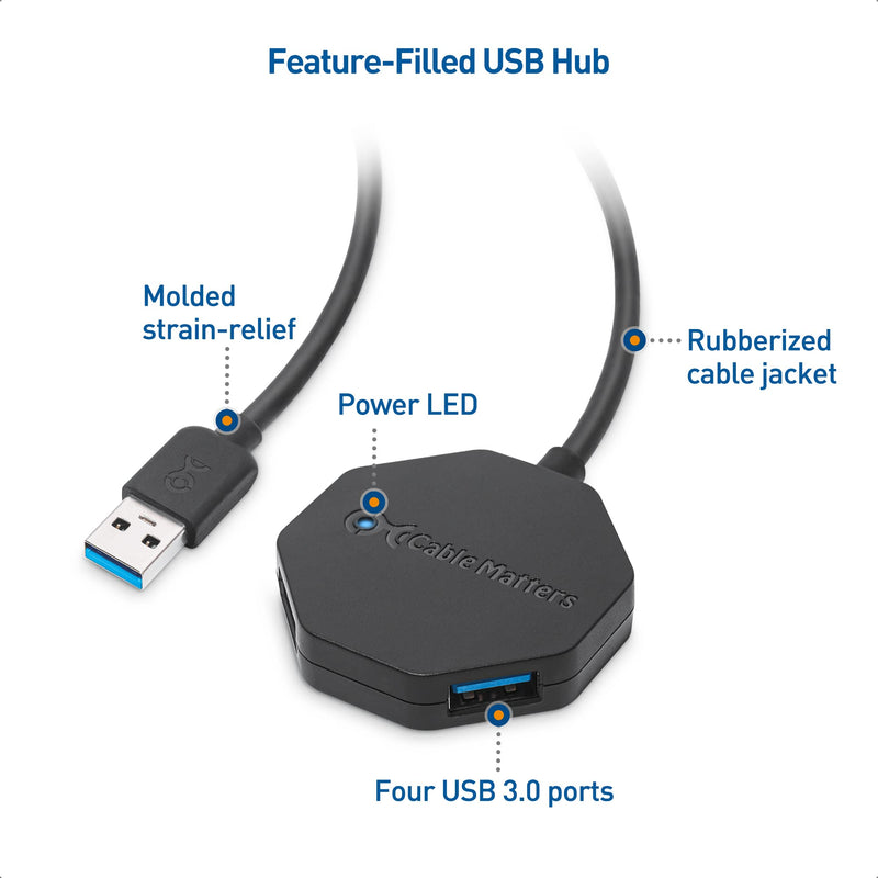Cable Matters Ultra Mini 4 Port USB Hub with Long 4 ft Extension Cable Tail, USB 3.0 Hub with Multiple Ports for Up to 5Gbps Data Transfer Rate, Black