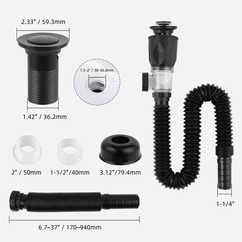 iFealClear Bathroom Sink Drain Kit, Flexible P-Trap Drain Pipe with Pop Up Stopper, Expandable Bathroom Sink Pipe Replacement with 2 Adapters, Fits 1-1/4'', 1-1/2'', 2" Holes, Hair Catcher, Black Matte Black Modern