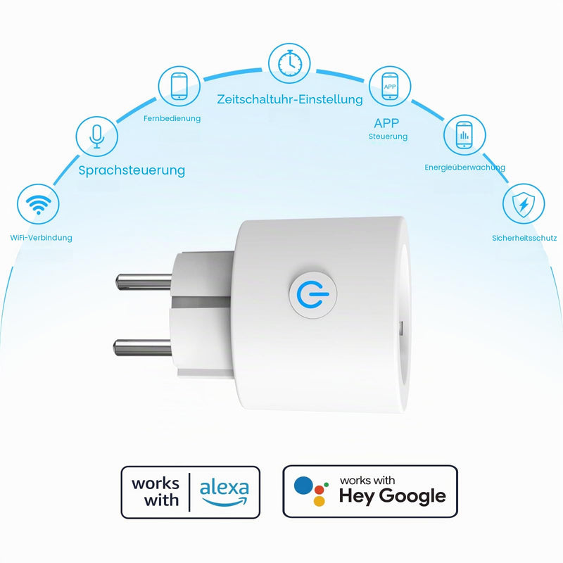 Alexa Socket WLAN with Current Measurement 16 A Antela | Smart socket compatible with Google Home, power consumption measurement, smart life app, 2.4 GHz, 4 PCs 16A