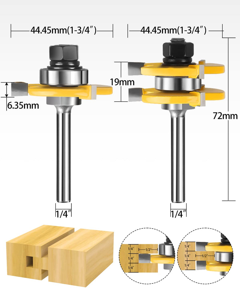 Finger Joint & Tongue and Groove Router Bits Set, 1/4 Inch Shank, 3 Pack | Precision Wood Joinery; Clean Cutting Performance; Reversible Profile Design; Multi-Material Compatibility 1/4" Shank 1/4" Shank Router Bit Set 3PCS