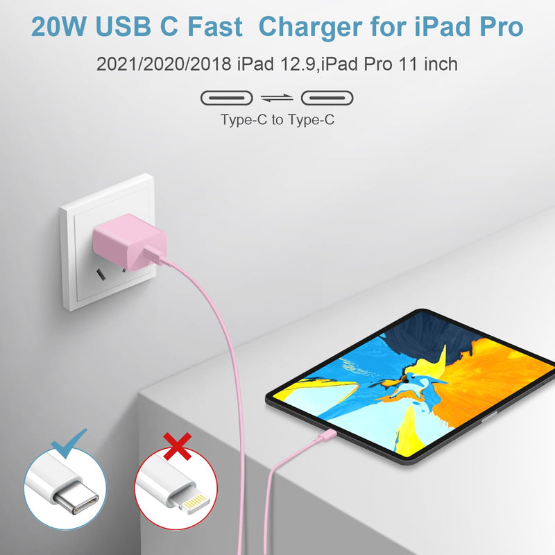 iPhone 15 Charger USB C Wall Charger iPad Pro Charger Block 2 Pack with 2 Pack 6FT Cable for iPhone 15/15 Plus/15 Pro/15 Pro Max/iPad Pro/Mini/Air/Air4/AirPods/Samsung(Pink) Pink 20W Max-Pink