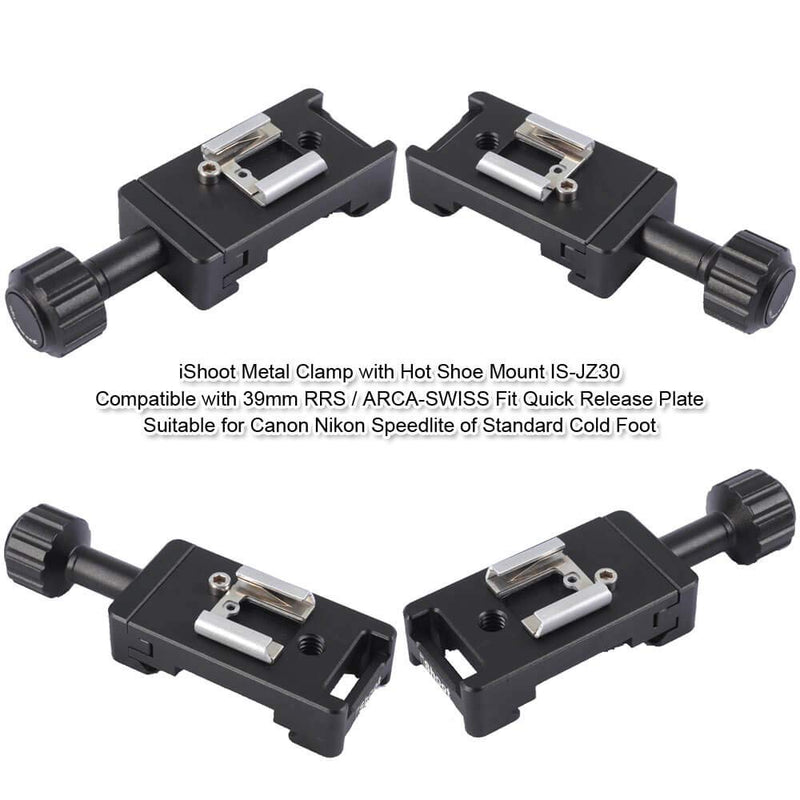 Metal Clamp with Universal Hot Shoe Mount Compatible with 39mm Arca-Swiss Fit Quick Release Pate L-Shaped Camera Holder Bracket Support & Speedlite Flash of Standard Cold Foot