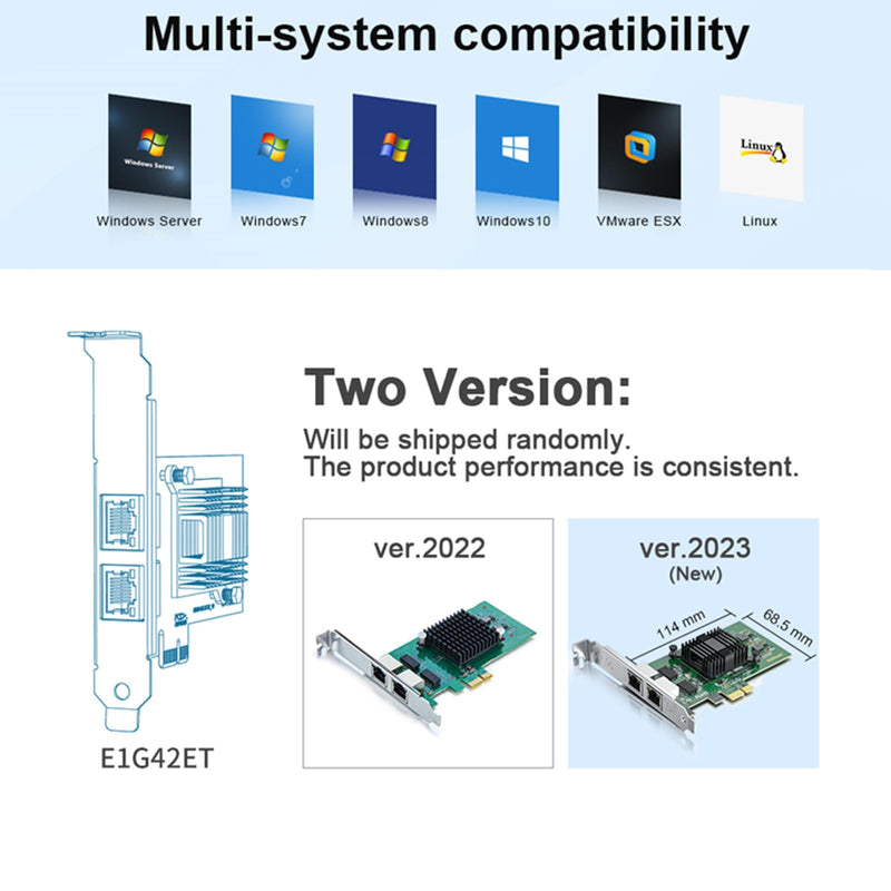 10/100/1000Mbps Gigabit Ethernet Network Interface Card (NIC) Dual Copper RJ45 Ports, with Intel 82576 Chip, Equivalent to Intel E1G42ET, PCIE 2.0 X1, Support Windows/Windows Server/Linux/VMware ESX Intel 82576EB, 2x RJ45