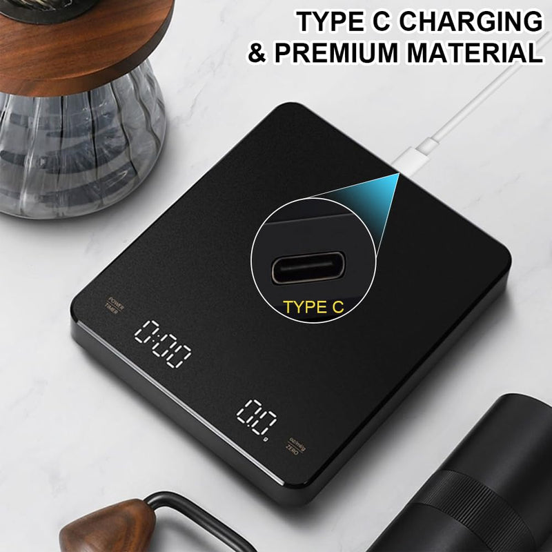 OBEST Mini Coffee Scale with Timer, Portable Kitchen Food Scale with Invisible Screen Rechargeable Digital Coffee Scale Espresso Scale with Timer 3kg/0.1g Precision Scale Black