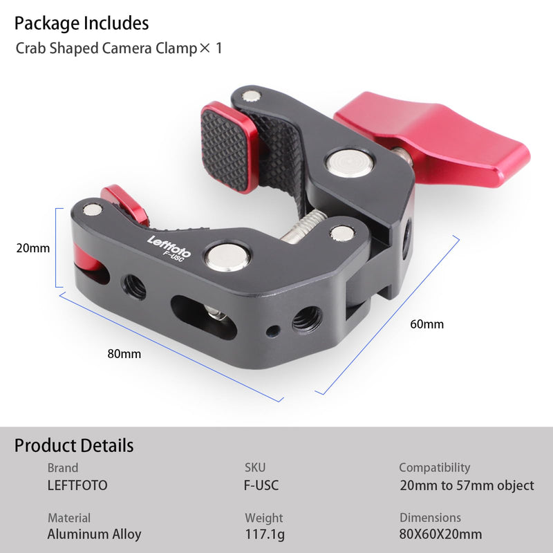 Leftfoto Universal Super Clamp,Crab Shaped Camera Clamp,All-Metal Pliers Clip w/1/4'' and 3/8'' Thread for Tripod Legs/Bicycles/Table/LCD Field Monitors/Microphones/Gopro Sports Camera