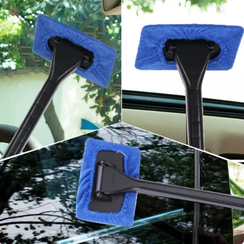 Windshield Cleaning Tool Car Window Cleaner with 5 Reusable and Washable Microfiber Pads and Extendable Handle Auto Inside Glass Wiper Kit blue